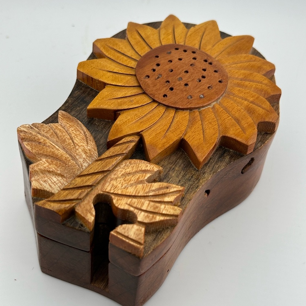 Vintage Sunflower Wood Puzzle Box hand carved Decor Boho Mid Century Modern